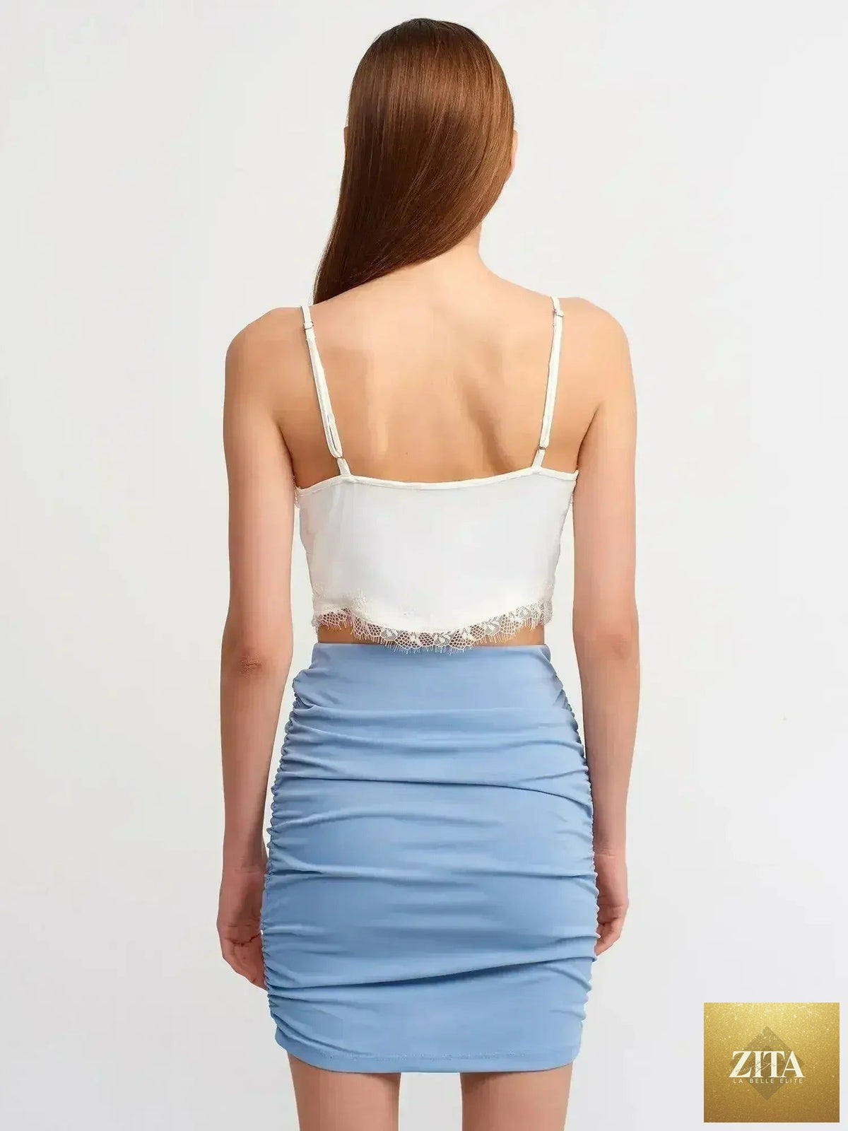 Femstylo lace detail crop top in a rayon-viscose blend, featuring feminine style with delicate lace accents.