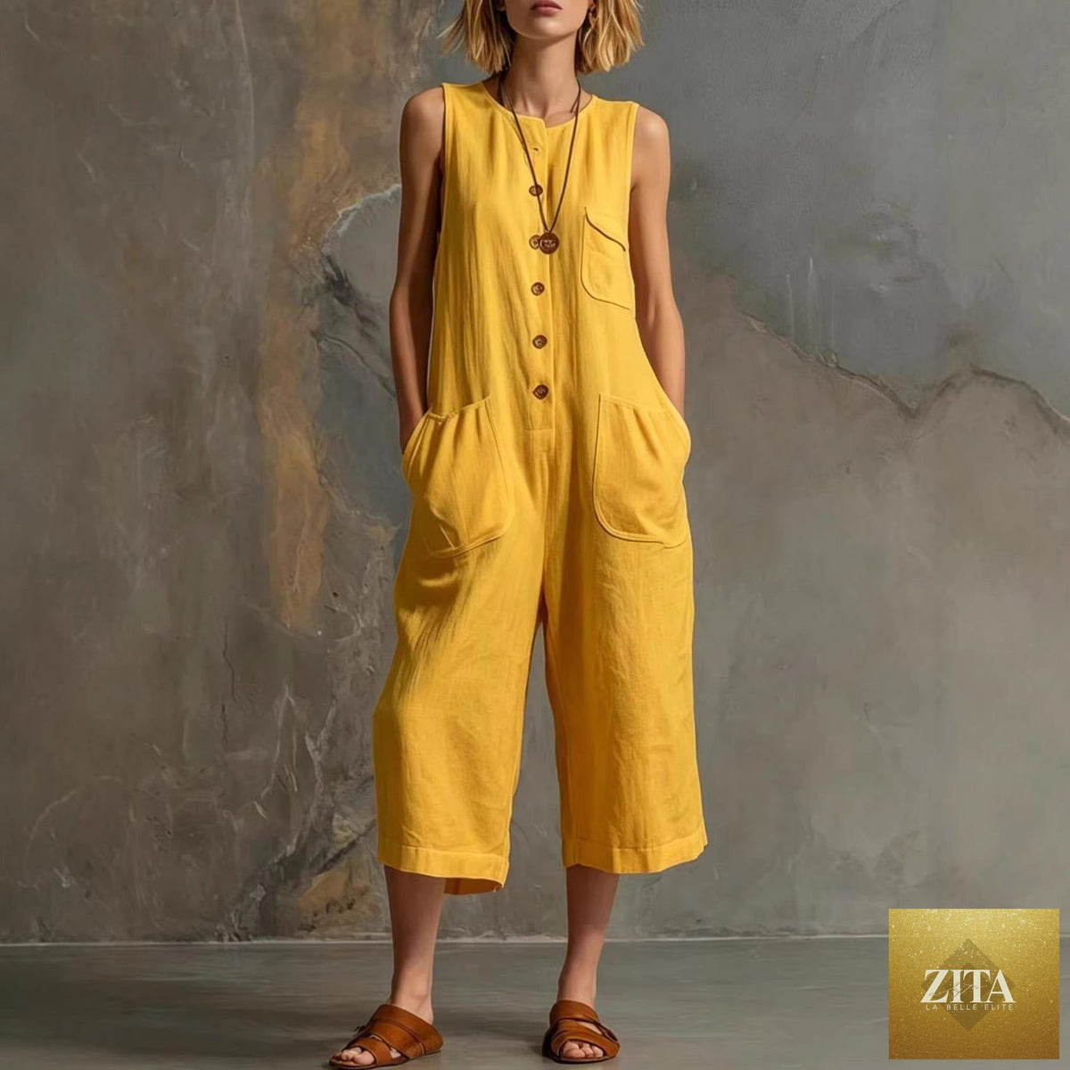Retro sleeveless cotton-linen wide-leg cropped jumpsuit by LadyShow.Store, shown on a model, featuring a relaxed fit and stylish design.