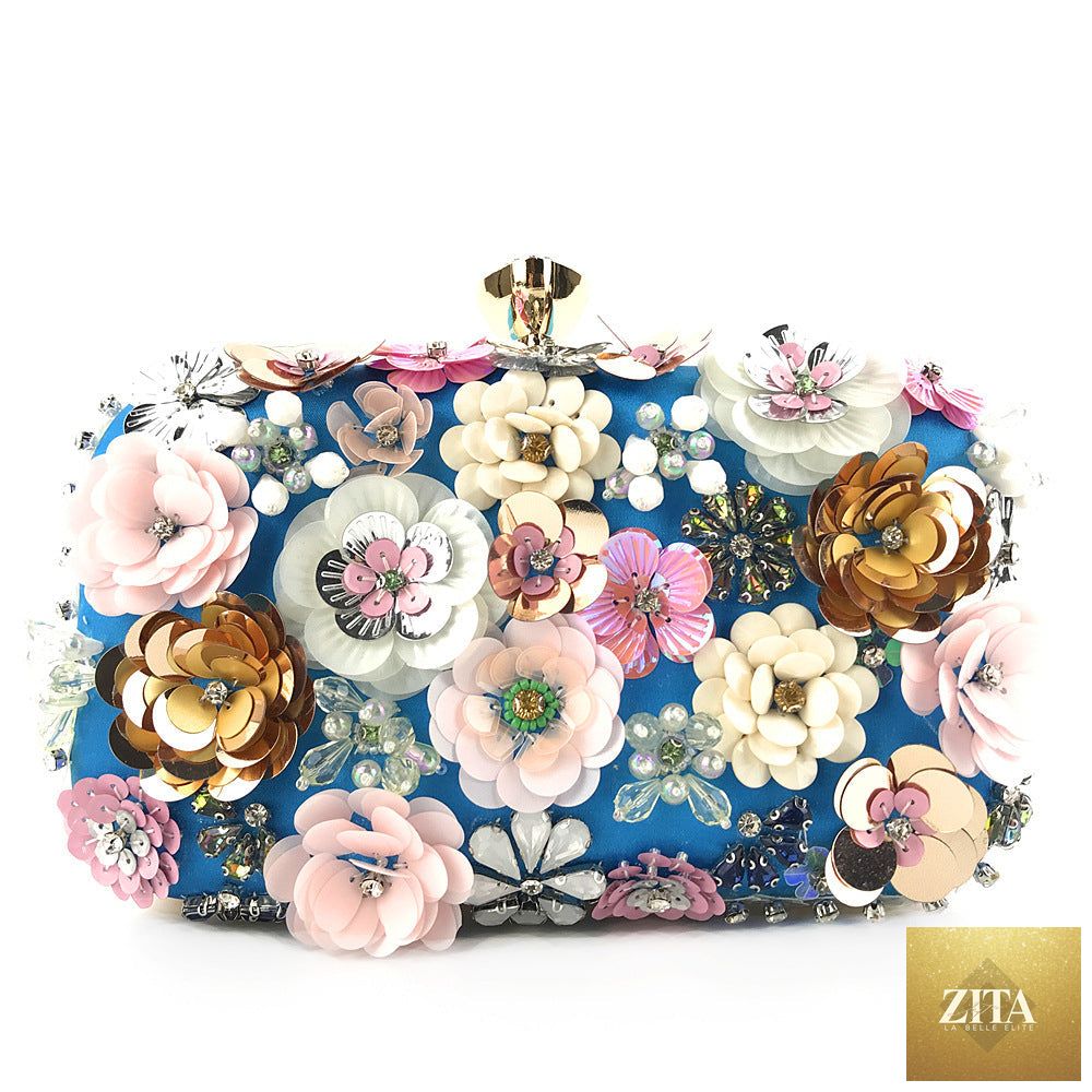 Colorful floral clutch purse for women, evening bag with vibrant floral design, ideal for formal parties, by SHOMICOBOUTIQUE