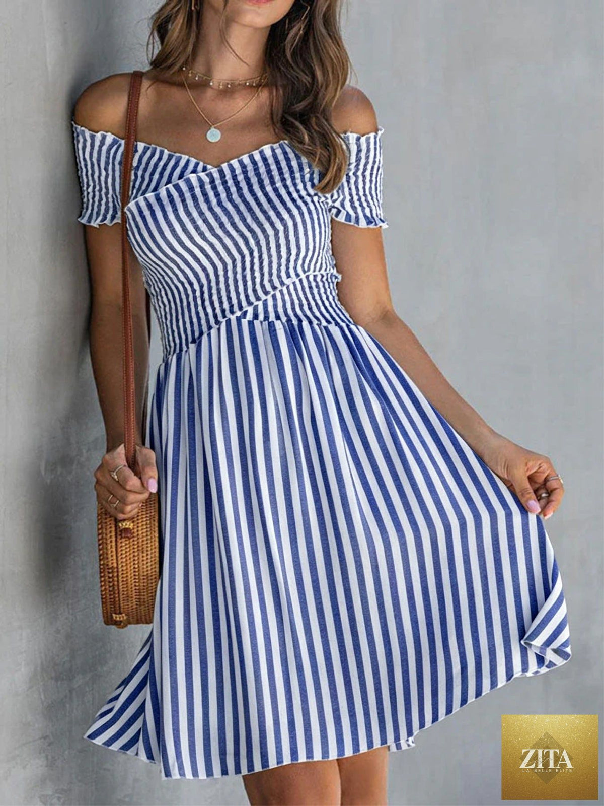 Women's off-shoulder striped waist-cinching midi dress by Zita La Belle Elite, casualwear with a fitted silhouette and stylish design.