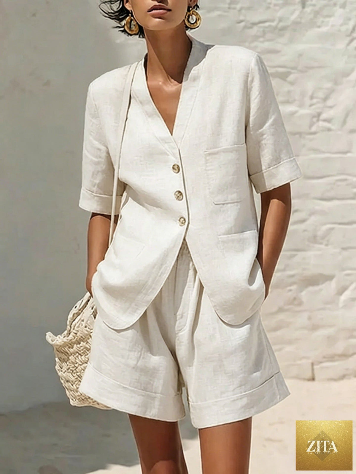 Women’s cotton-linen loose-fit T-shirt and cropped shorts two-piece casualwear set by Zita La Belle Elite, shown on a model.