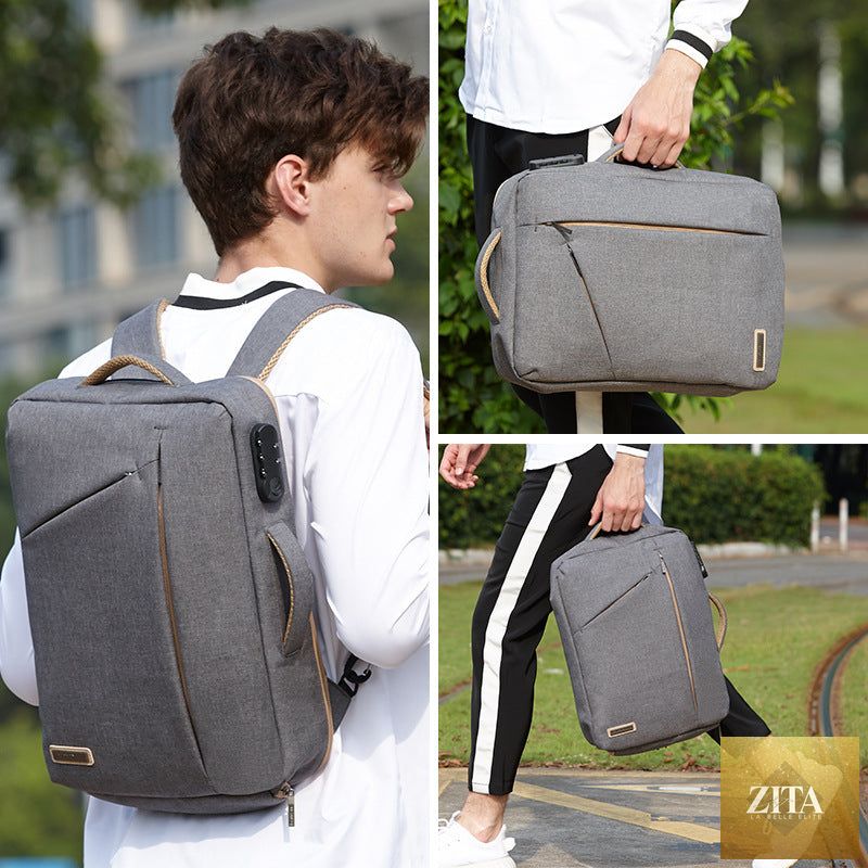 Men's multi-function travel backpack by Social Buzz eSIMs, featuring multiple compartments and adjustable straps for travel comfort.