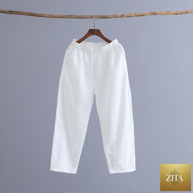 Cotton linen women's casual cropped pants in beige, featuring a relaxed fit and all-matching style for spring and summer wear.