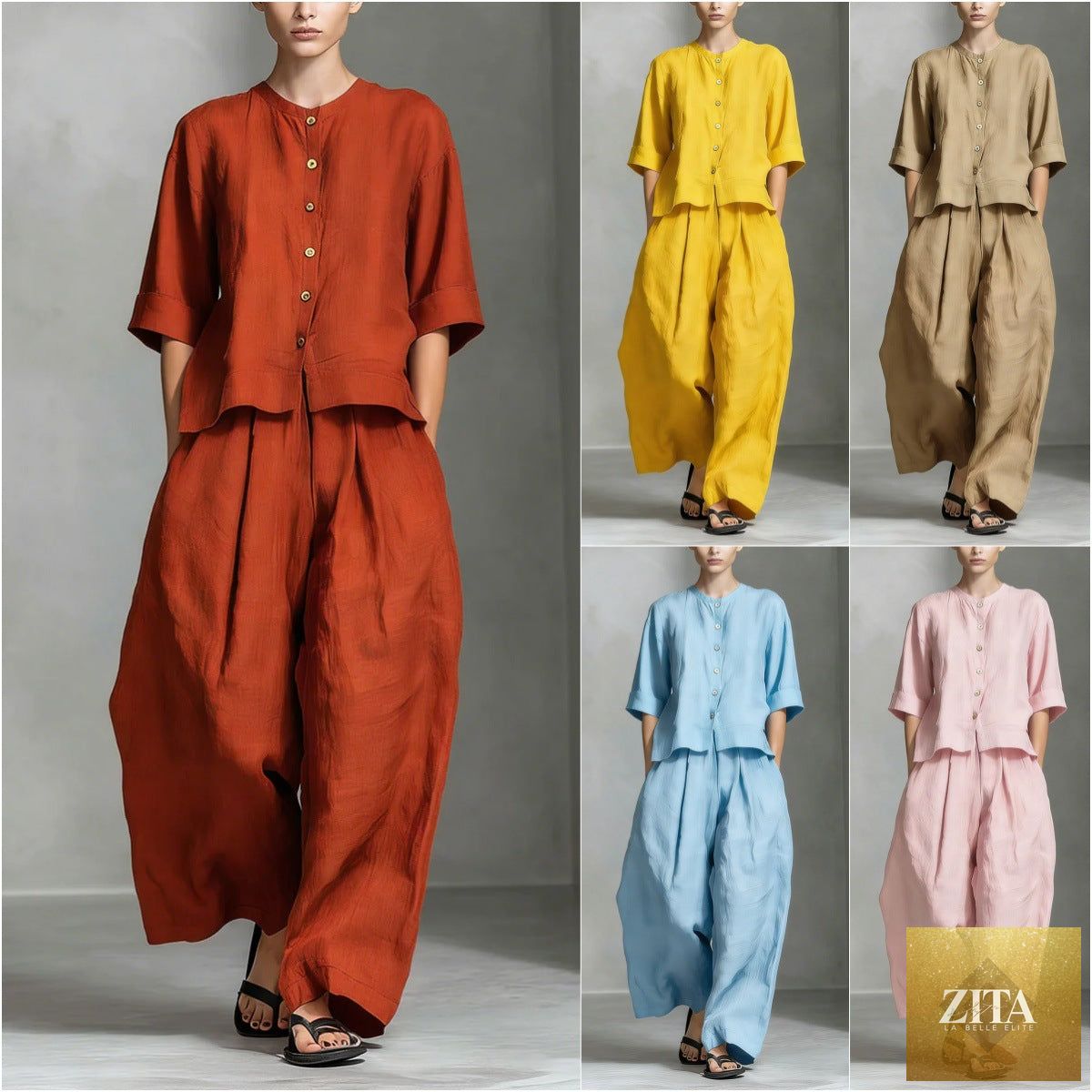 FitiqueFit three-quarter sleeve shirt and loose trousers two-piece set, casual stylish outfit with relaxed fit and comfortable fabric.