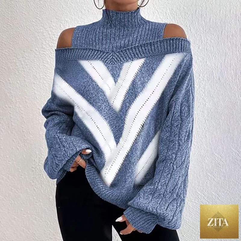 Women’s elegant off-shoulder turtleneck sweater by FitiqueFit, long sleeve knit casualwear in soft fabric, worn styled with accessories.