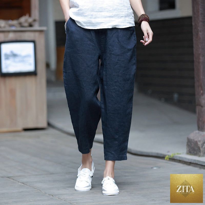 Cotton linen women's casual cropped pants in a baggy, slim fit with artistic design, perfect for spring and summer wear.