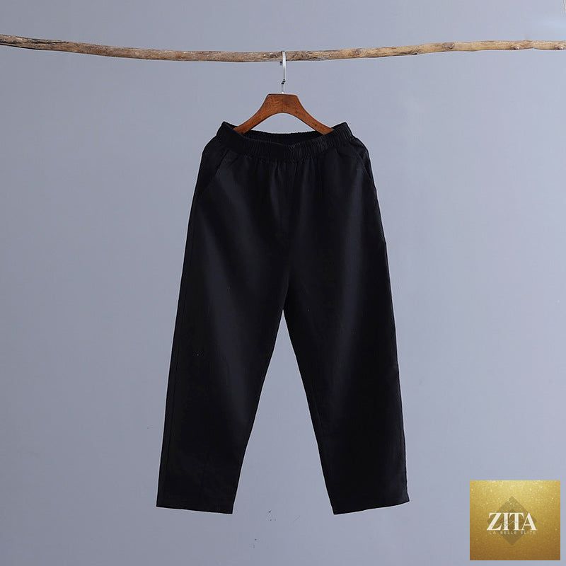 Women’s cotton linen casual cropped pants by Wanita Store, stylish all-matching slim-fitting baggy linen pants for spring and summer.