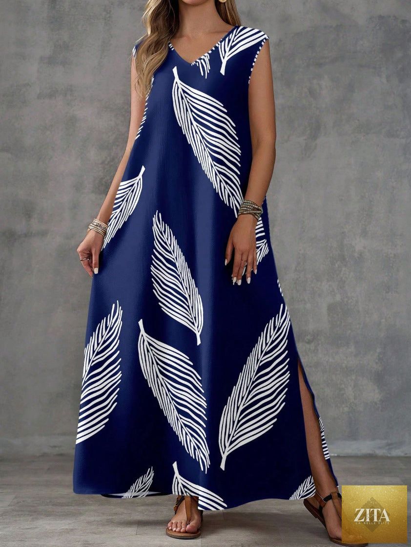 Printed V-neck sleeveless high-waist maxi dress by FitiqueFit in three colors, featuring a flowing design and stylish cut.