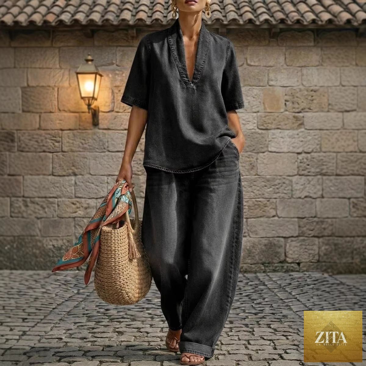 Zita La Belle Elite retro V-neck washed denim top and wide-leg pants casualwear set in three colors, size S–3XL, displayed flat.