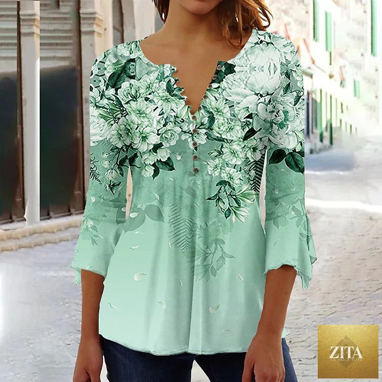 Zita La Belle Elite asymmetrical spike button 3/4 sleeve casual T-shirt with chic design and stylish details.