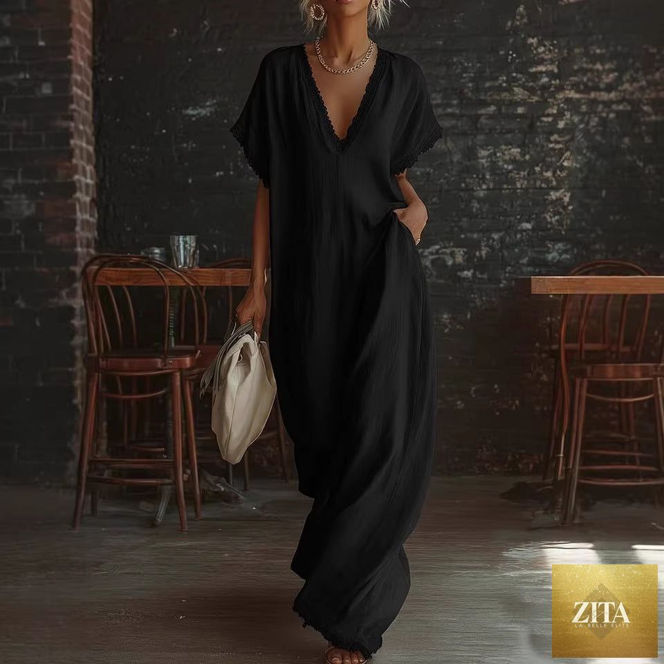 Linen cotton long dress for women with lace-trimmed details, casualwear by Zita La Belle Elite, shown in a relaxed fit.