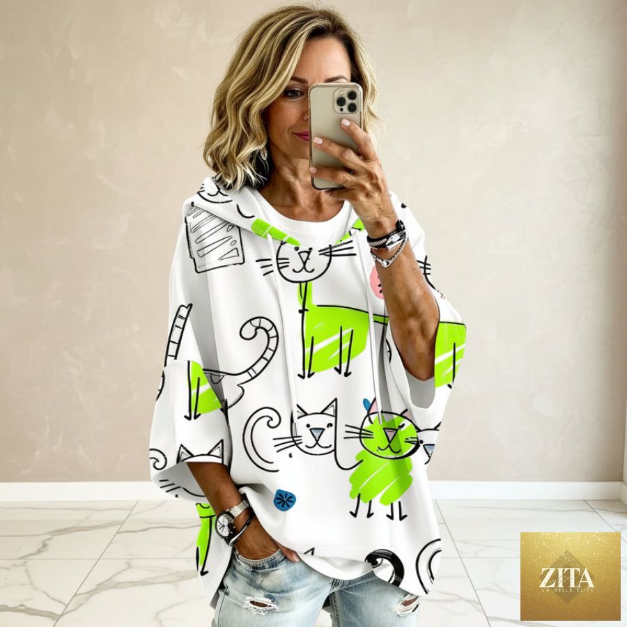 Cartoon Cat Print Hoodie with 3/4 Sleeves & Drawstring