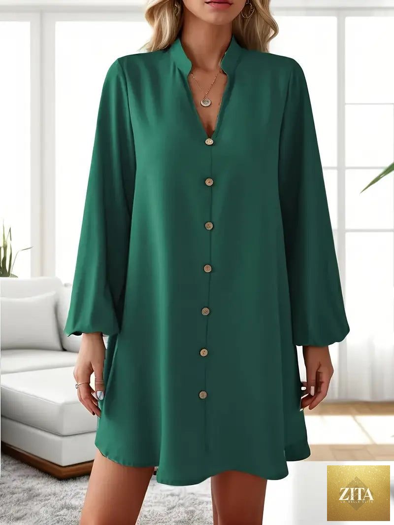 Women's V-neck long sleeve A-line dress by Zita La Belle Elite, featuring a single-breasted design in a stylish, flowy fabric.