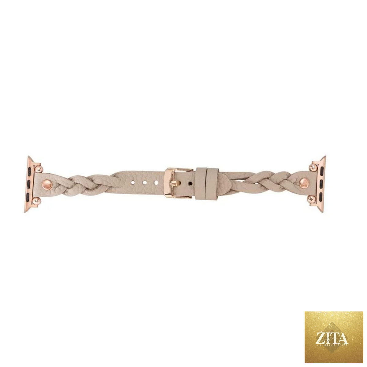 Light beige leather Apple Watch Braided Band by LEATHERE, showcasing the textured braided design and sleek fit for Apple Watch.