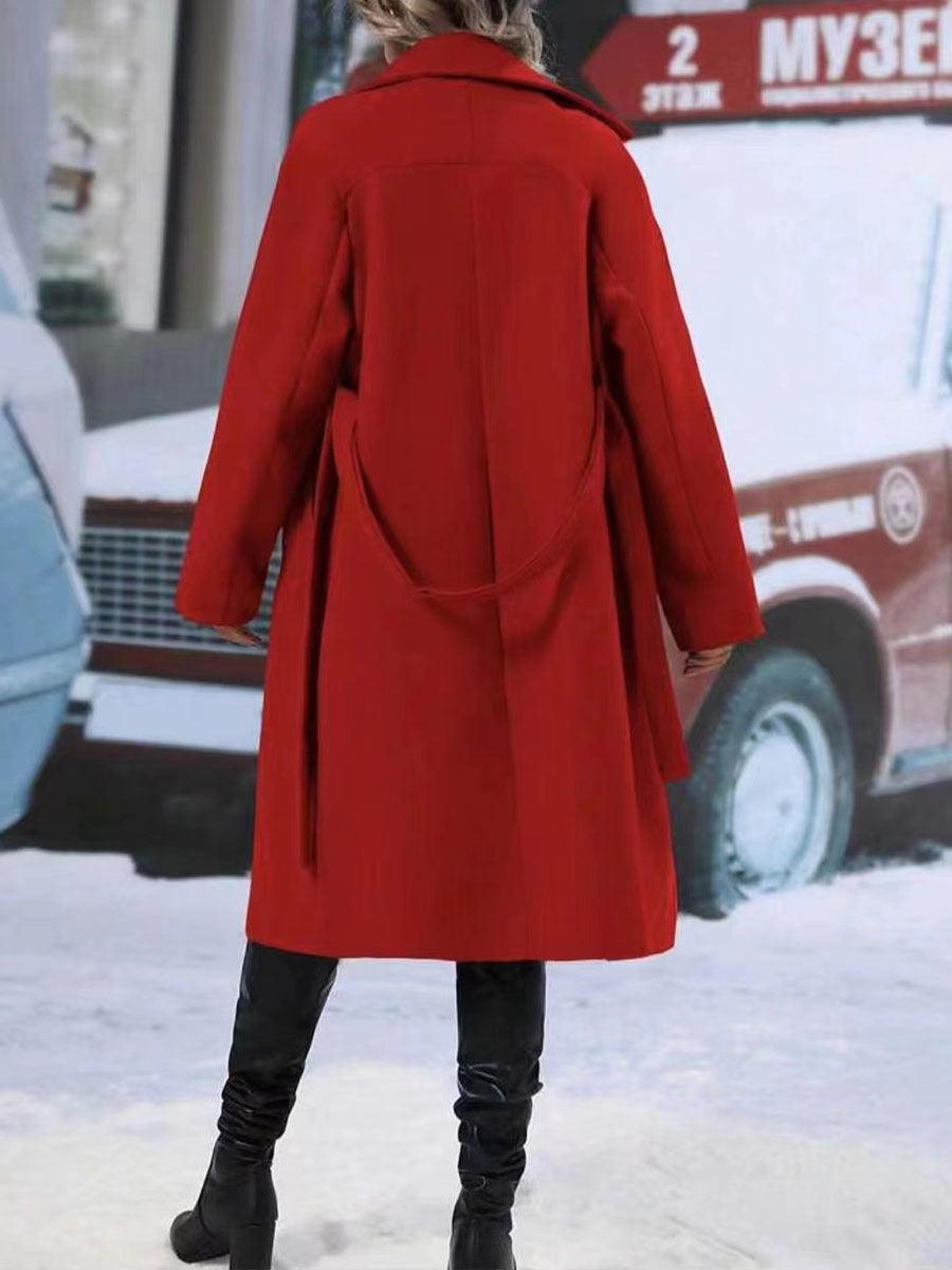 Stevvex women's winter trench coat with notched lapel collar, double-breasted design, belt, solid color, long wool blend outerwear.