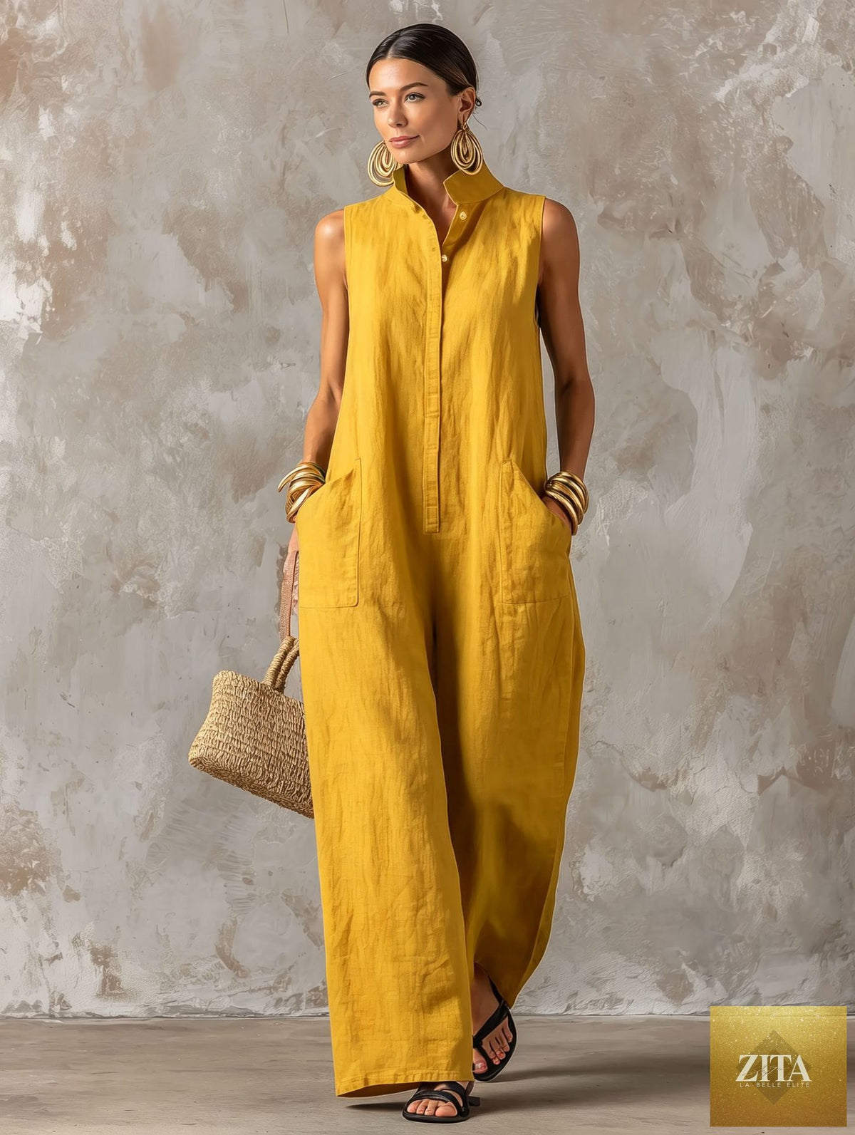 Linen blend sleeveless jumpsuit with stand collar in multiple colors, by FitiqueFit, displayed on a hanger.