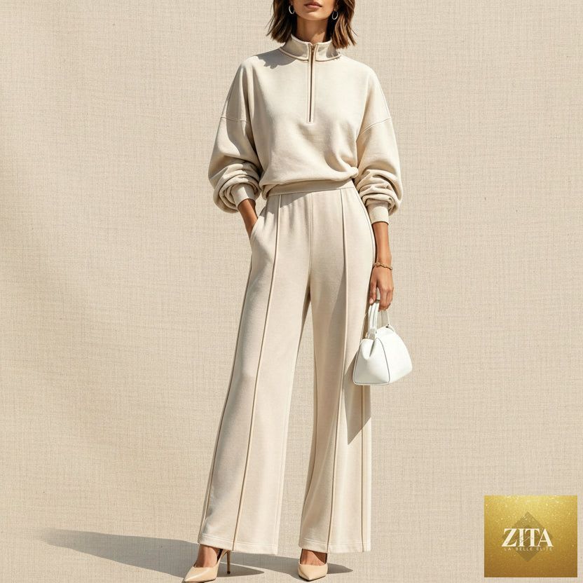 Women's Half-Zip Hoodie & Wide-Leg Pants Set