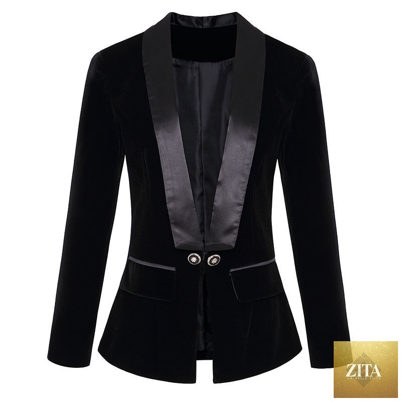 Green satin blazer for women with velvet collar, slim fit, suitable for autumn and winter, stylish women's blazer by Wanita Store