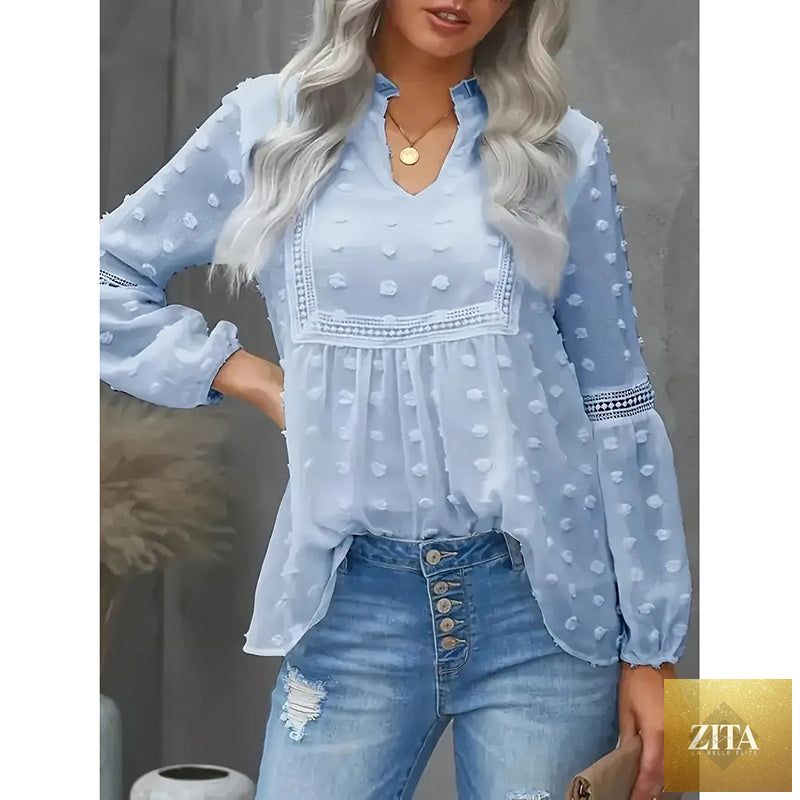 Women’s long-sleeve V-neck casual blouse by FitiqueFit, featuring a relaxed fit and elegant design suitable for business casual wear.