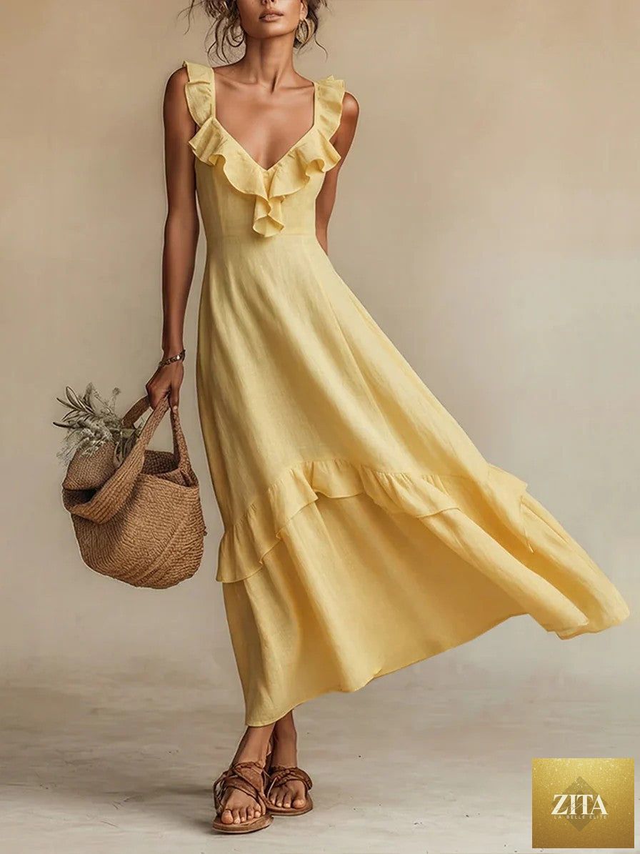 FitiqueFit sleeveless ruffle detail high-waist maxi dress in 7 colors, casualwear, showcasing flowy fabric and ruffle accents.