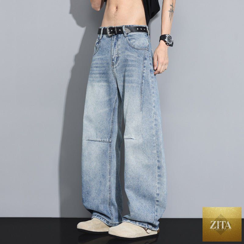 Mandotos high-street men's straight-leg denim jeans with classic fit and medium wash, displayed on a hanger.