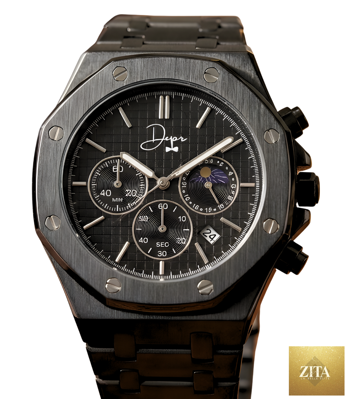 Black stainless steel Dapper Watches ChronoLunar all-black watch with chronograph features and sleek design.