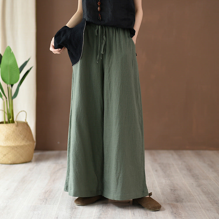 Women’s cotton linen yoga pants with wide legs in artistic stone wash, perfect for spring and summer casual wear.