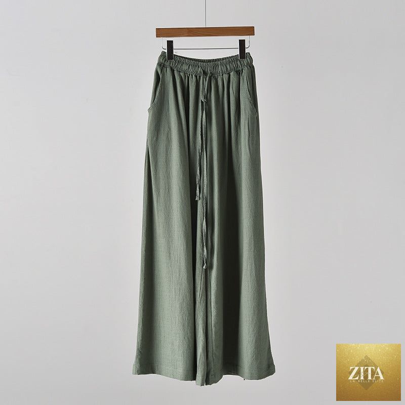 Women’s cotton linen wide-leg yoga pants with artistic stone wash finish, perfect for spring and summer casual wear.