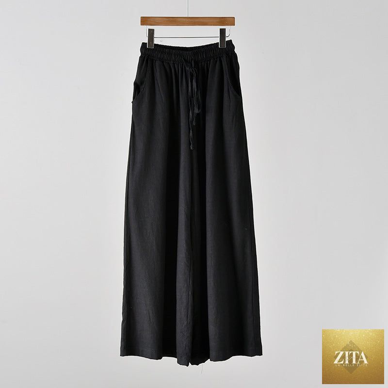 Spring summer cotton linen women's yoga pants with wide leg design, stone washed for a casual, artistic look.