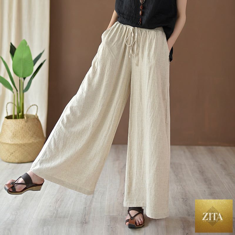 Women’s spring summer cotton linen wide-leg yoga pants with artistic stone wash, casual style, lightweight and breathable fabric.