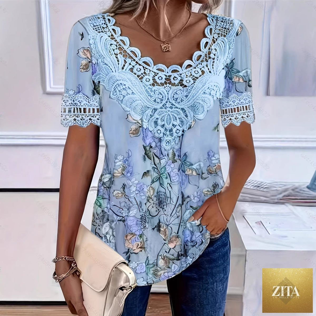 Women's lace patchwork crew neck short sleeve T-shirt by Zita La Belle Elite, casualwear with lace details and comfortable fit