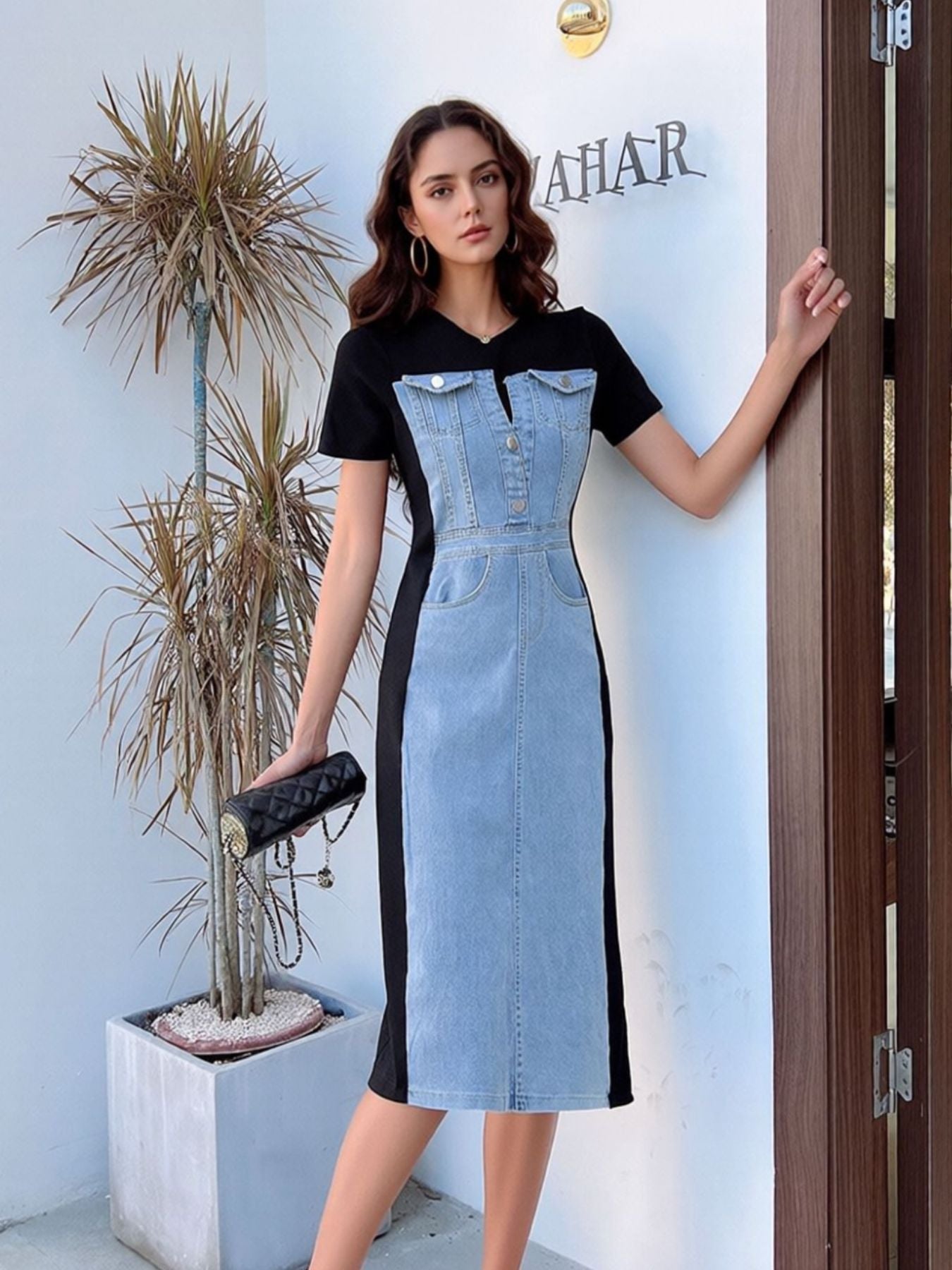 Plus size denim patchwork short sleeve dress with slit back, stylish and casual, featuring a full-length design and trendy patchwork details.