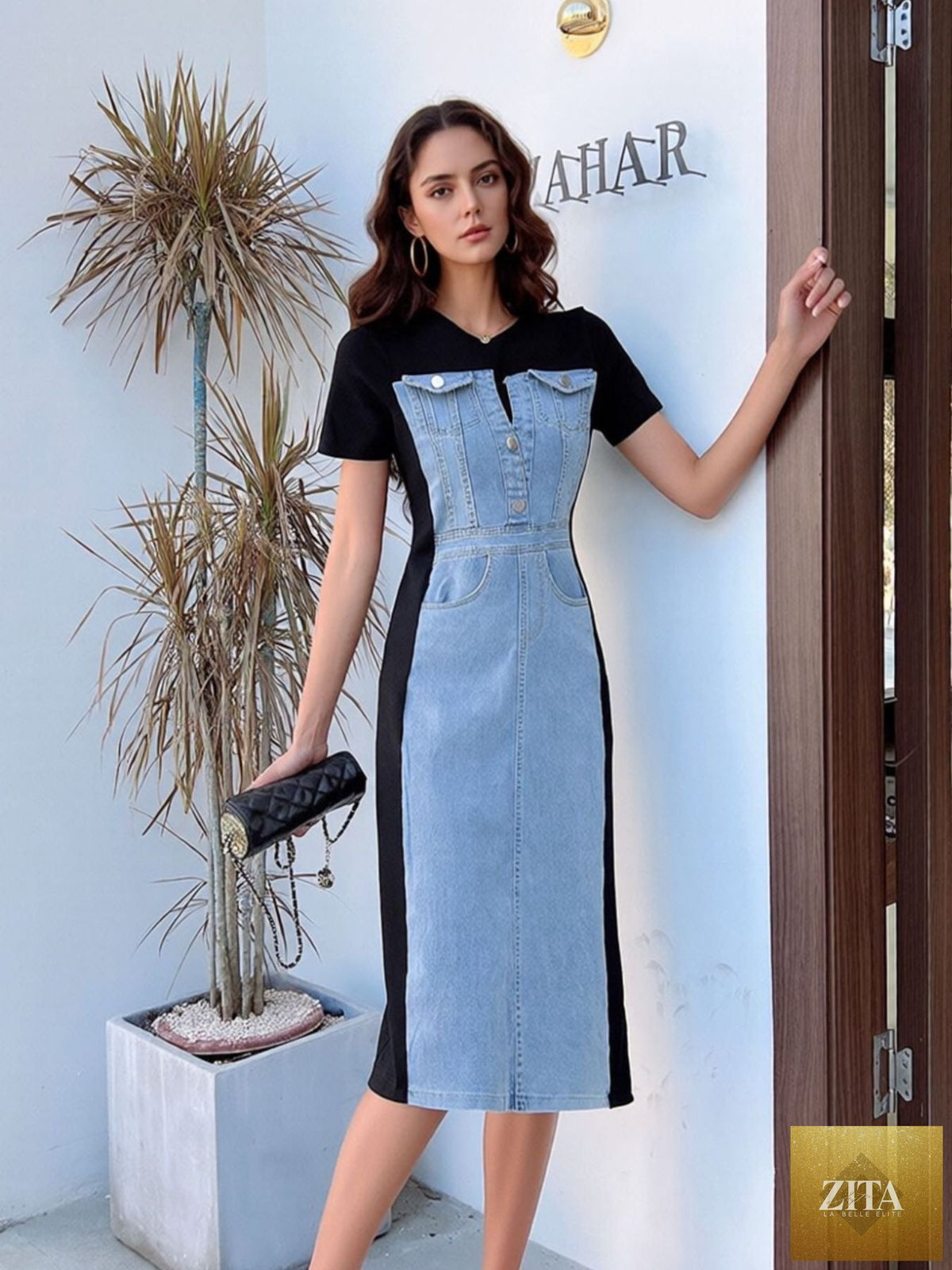 Plus size denim patchwork short sleeve dress with slit back, stylish and casual, featuring a full-length design and trendy patchwork details.