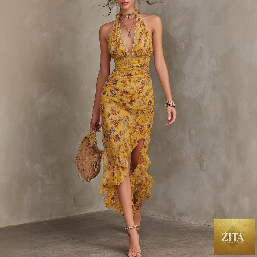 Women's floral halter neck deep V maxi dress by FitiqueFit featuring ruffle details and a split waist for a boho chic look.
