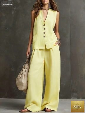 Zita La Belle Elite women's sleeveless vest and wide-leg pants two-piece casualwear set in various colors, front view.