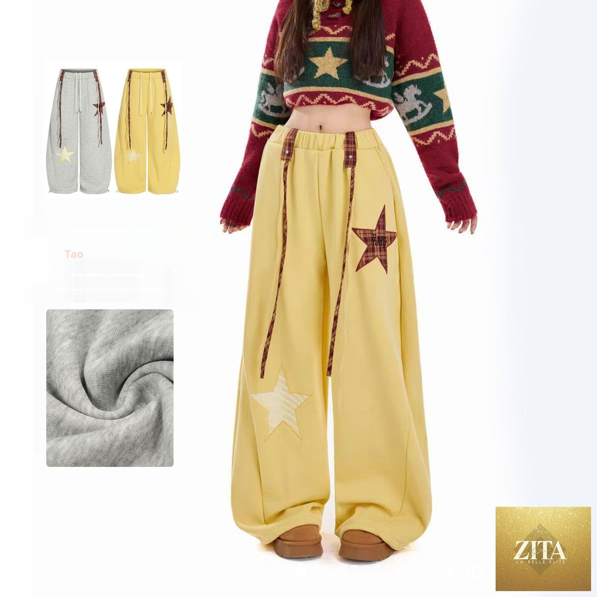 Women's fleece-lined casual pants with starry embroidery, loose fit trousers, comfortable and stylish for everyday wear.