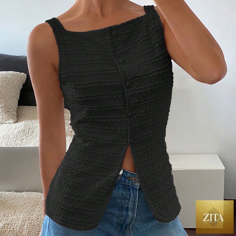 Zita La Belle Elite square neck button-up vest top, trendy Y2K going-out tank top in casualwear style, featuring a stylish design.