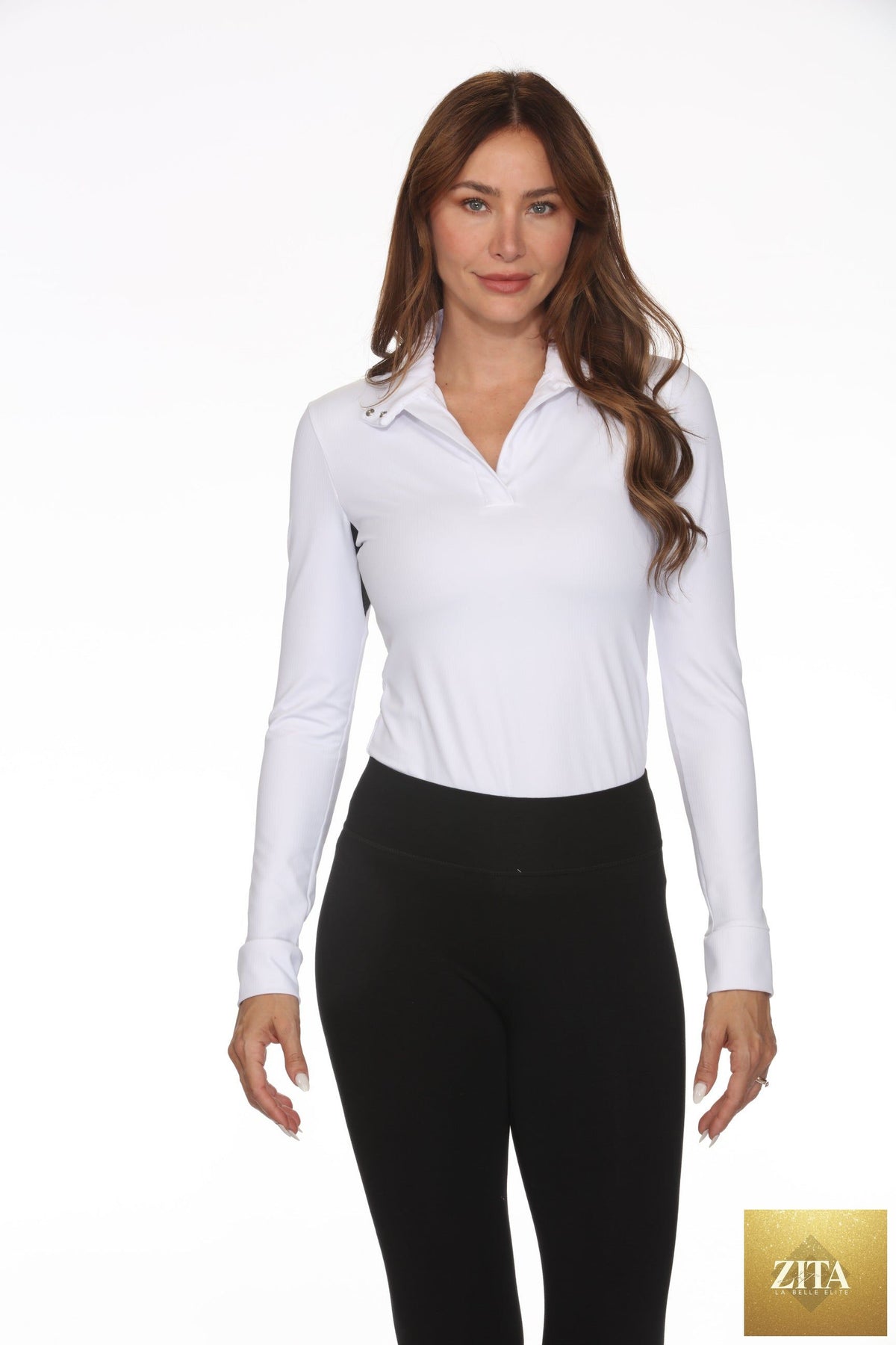 BellEq™ Equestrian Apparel Madeline show shirt with white fabric and button-up front, designed for equestrian competitions.