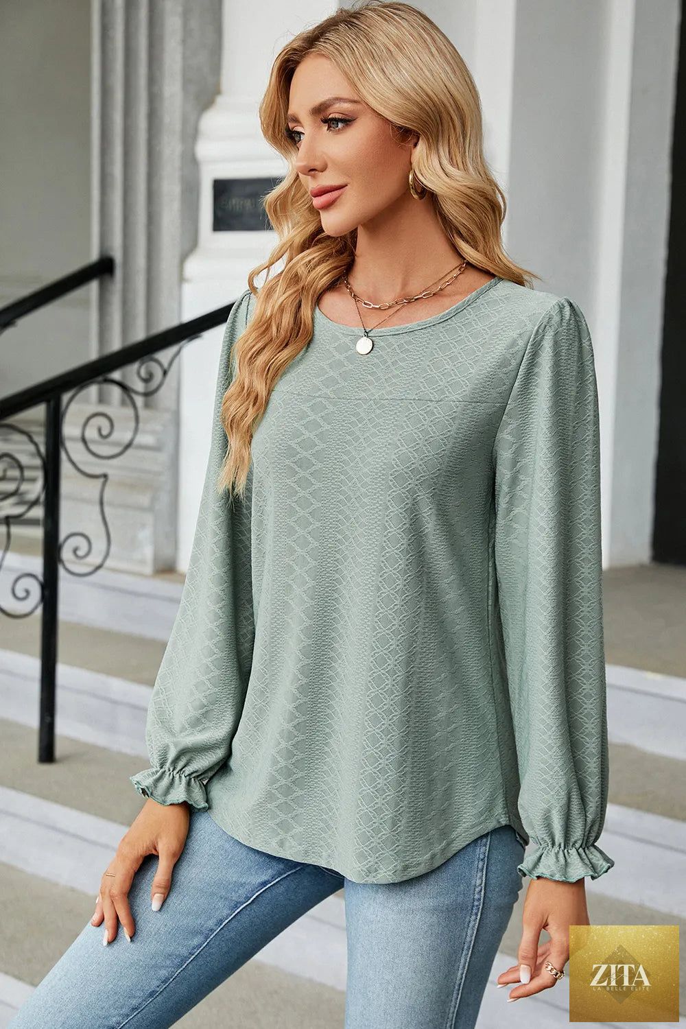 Zita La Belle Elite round neck flounce sleeve casual T-shirt with ruffled sleeves and a relaxed fit, perfect for everyday wear.