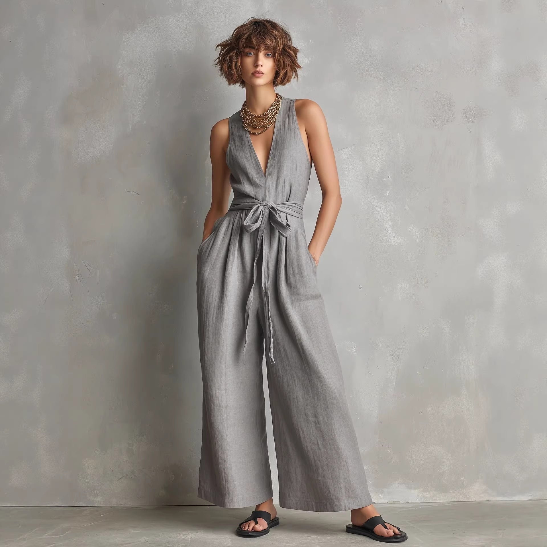 Women's Elegant V-Neck Sleeveless Commuter Jumpsuit