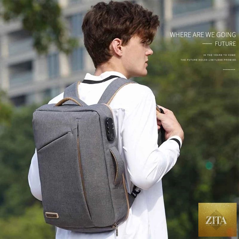 Men's multi-function travel backpack with multiple compartments, black fabric, adjustable straps, designed for travel and everyday use.