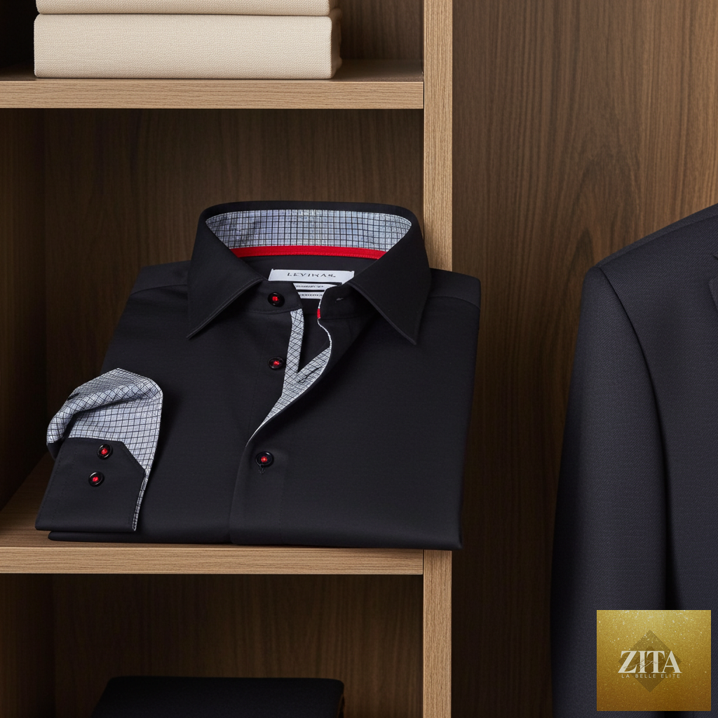 Black LEVINAS® Cotton Knit-Stretch button-up shirt with contrast details, tailored fit, and long sleeves, perfect for casual or smart wear.