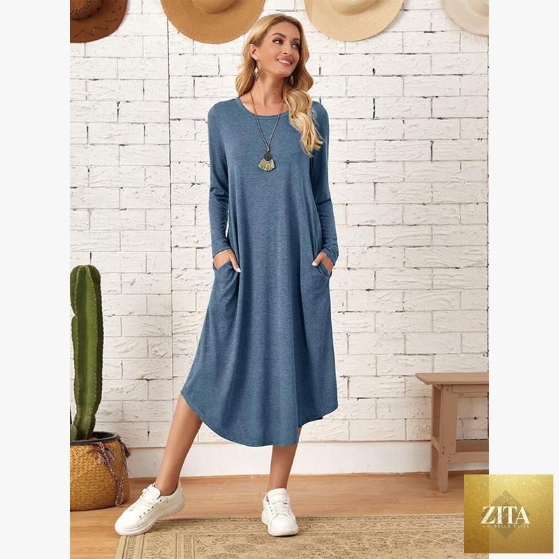 Women's cotton maxi dress by Zita La Belle Elite, solid color long sleeve A-line casual dress with pockets.