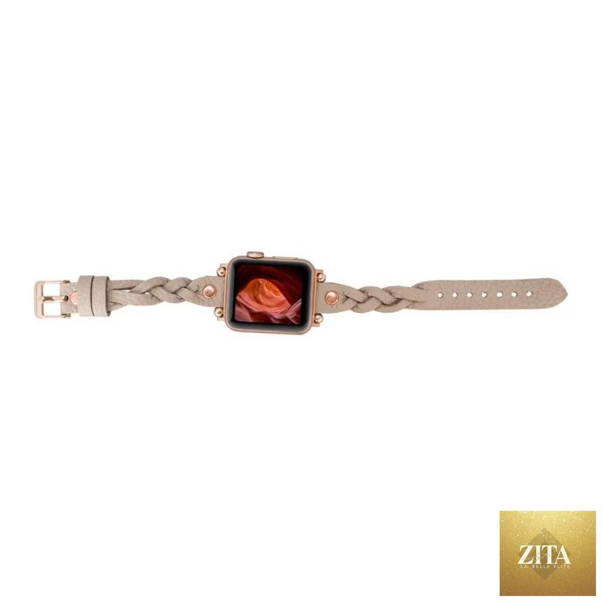 Leather Apple Watch band by LEATHERE in light beige with braided design, designed for stylish comfort and durability.