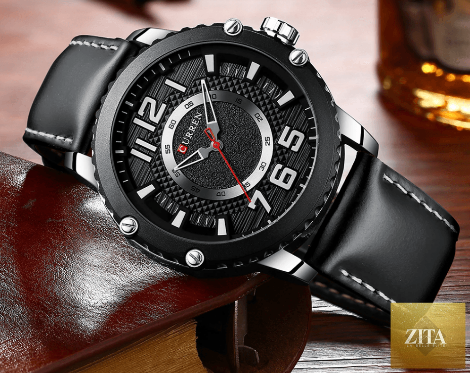 Men's waterproof sport watch by Stevvex with leather belts and large numbered dial, featuring a unique design for active wear.