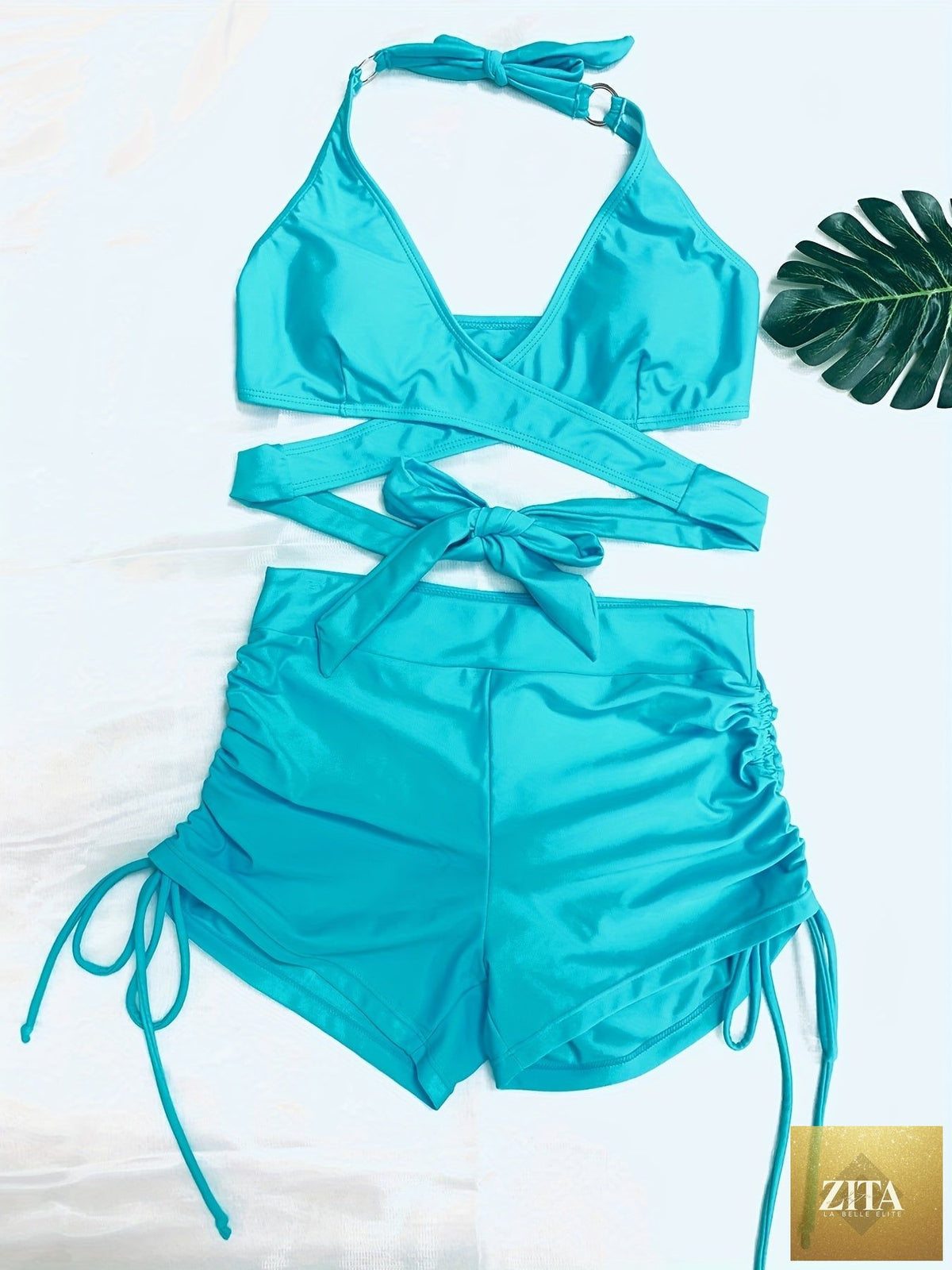 Stevvex Coastal Curve halter bikini set for women featuring V-neck, crisscross drawstring, ring detail, and high-waisted boxer shorts.