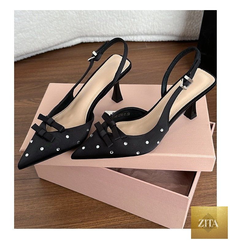 Zita La Belle Elite women's closed toe slingback stiletto heels with bowknot and rhinestone details, stylish footwear for women.