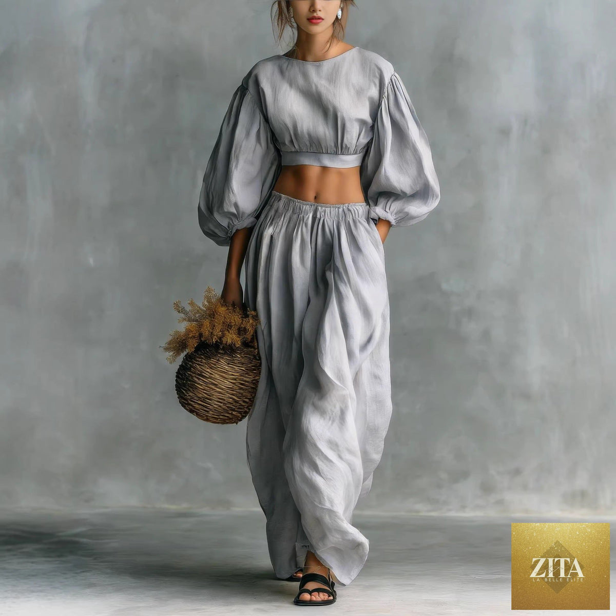 Women's puff-sleeve crew-neck two-piece casualwear set with pockets by Zita La Belle Elite, featuring a stylish and comfortable design.