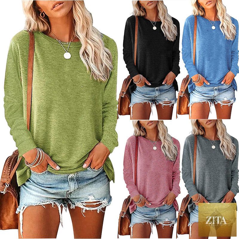 Zita La Belle Elite women's solid-color long-sleeve crew-neck pullover T-shirt, casual wear, in a relaxed fit.
