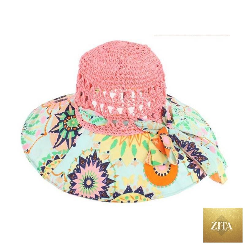 Women's patterned straw beach sun hat with round crown by Zita La Belle Elite, offers UV protection for summer outdoor activities.